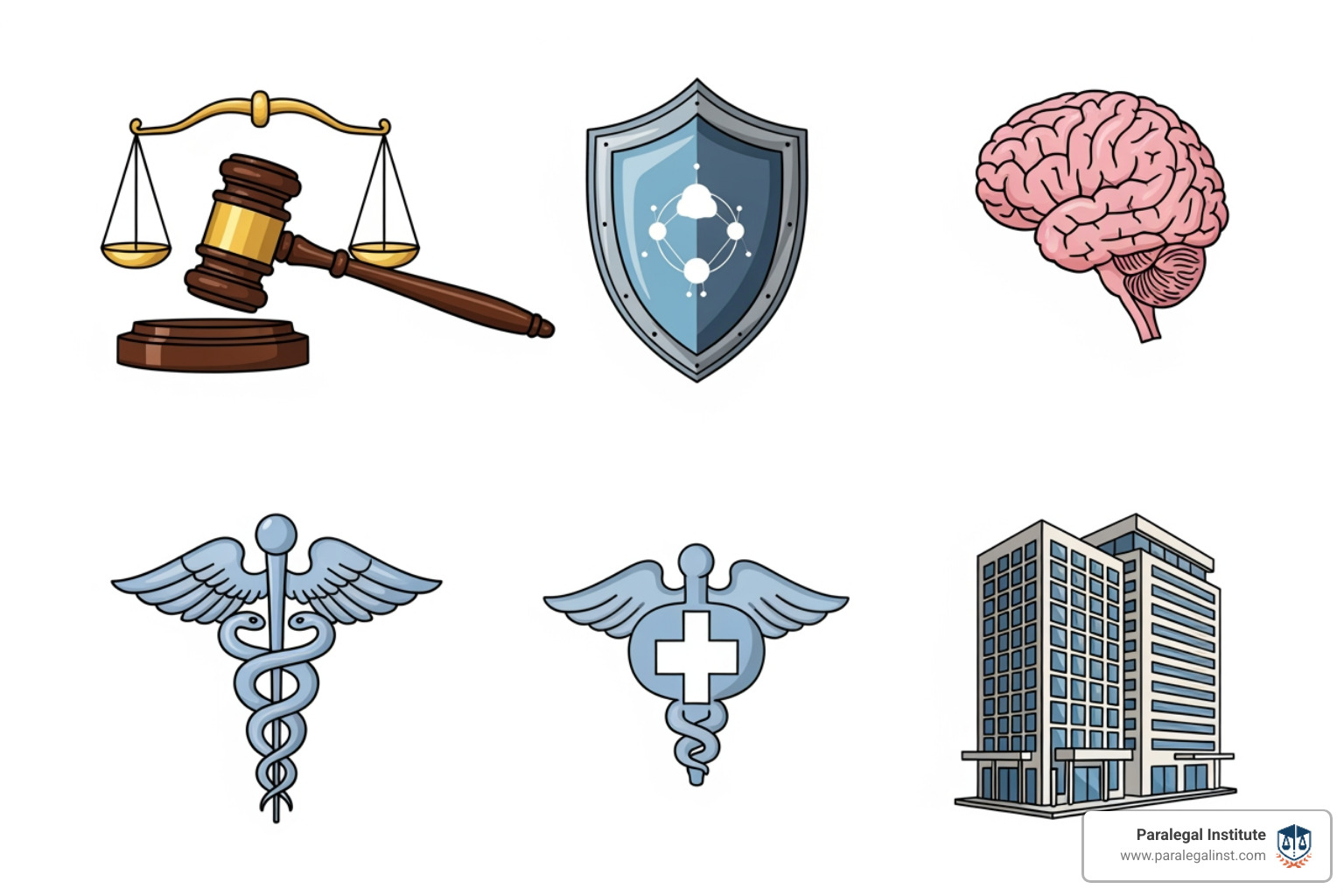 Icons representing legal specializations: a gavel for general law, a shield for cybersecurity, a brain for intellectual property, a caduceus for healthcare, and a building for corporate law - paralegal industry trends Icons representing legal specializations: a gavel for general law, a shield for cybersecurity, a brain for intellectual property, a caduceus for healthcare, and a building for corporate law - paralegal industry trends