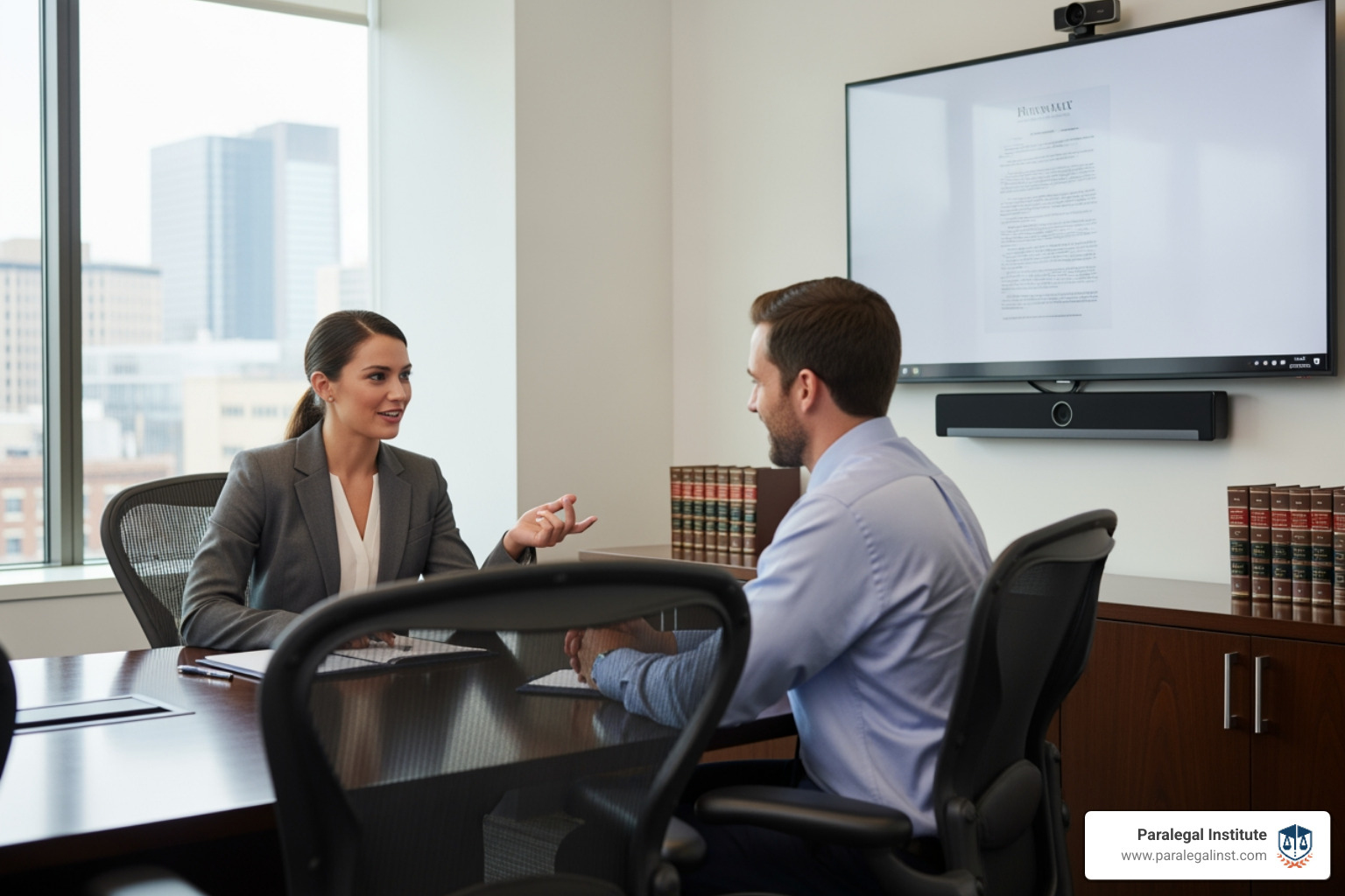 A paralegal confidently communicating with a client in a a modern meeting room, showing strong interpersonal skills - paralegal industry trends A paralegal confidently communicating with a client in a a modern meeting room, showing strong interpersonal skills - paralegal industry trends