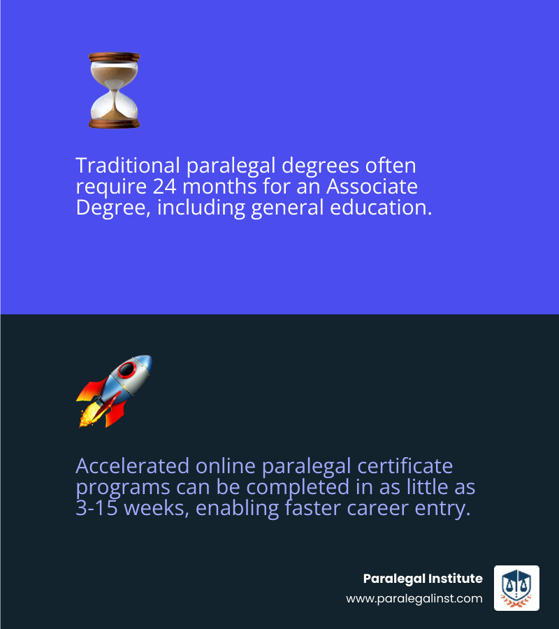 Infographic comparing traditional paralegal education timeline of 24 months versus accelerated programs completing in 3-15 weeks, showing cost savings and faster career entry with accelerated format - Accelerated paralegal program online infographic 2_facts_emoji_blue Infographic comparing traditional paralegal education timeline of 24 months versus accelerated programs completing in 3-15 weeks, showing cost savings and faster career entry with accelerated format - Accelerated paralegal program online infographic 2_facts_emoji_blue