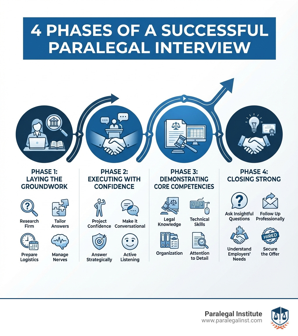 infographic showing the four phases of a successful paralegal interview: Phase 1 - Laying the Groundwork (research firm, tailor answers, prepare logistics, manage nerves), Phase 2 - Executing with Confidence (project confidence, make it conversational, answer questions strategically), Phase 3 - Demonstrating Core Competencies (showcase legal knowledge, technical skills, organization, attention to detail), Phase 4 - Closing Strong (ask insightful questions, follow up professionally, understand what employers want) - paralegal interview tips infographic infographic showing the four phases of a successful paralegal interview: Phase 1 - Laying the Groundwork (research firm, tailor answers, prepare logistics, manage nerves), Phase 2 - Executing with Confidence (project confidence, make it conversational, answer questions strategically), Phase 3 - Demonstrating Core Competencies (showcase legal knowledge, technical skills, organization, attention to detail), Phase 4 - Closing Strong (ask insightful questions, follow up professionally, understand what employers want) - paralegal interview tips infographic