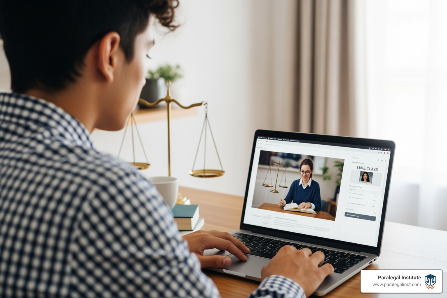 A student participating in a live online class from home, engaged with a legal presentation on their computer screen - paralegal online certification