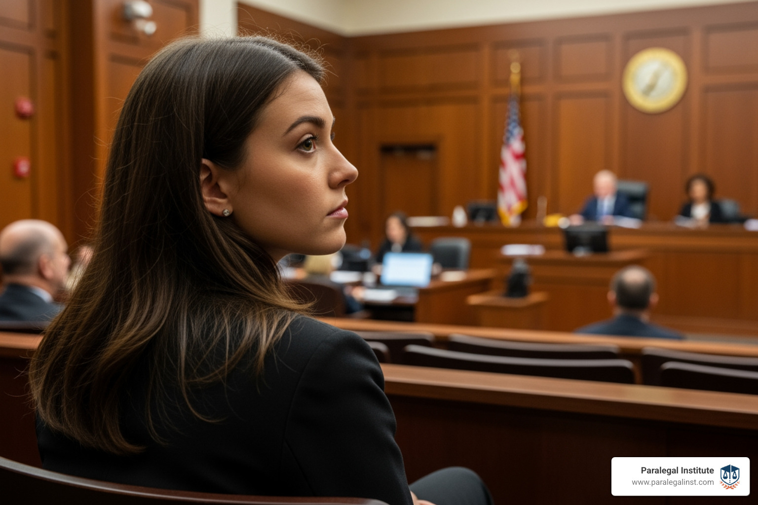 A legal intern observing a courtroom proceeding from the gallery. - legal intern