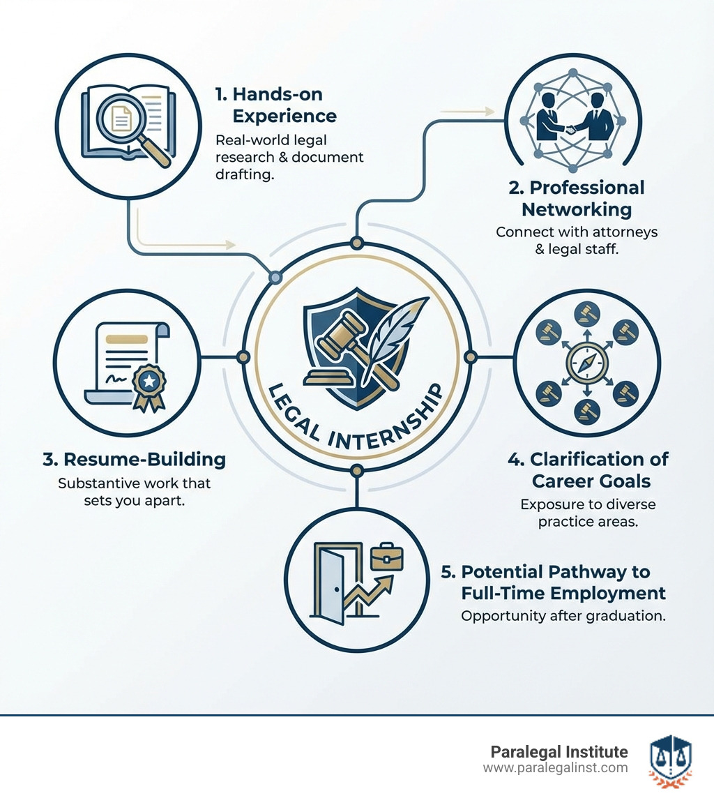 Infographic showing top 5 benefits of legal internships: 1) Hands-on experience with legal research and document drafting, 2) Professional networking with attorneys and legal staff, 3) Resume-building substantive work that sets you apart, 4) Clarification of career goals through exposure to different practice areas, 5) Potential pathway to full-time employment after graduation - legal intern infographic 
