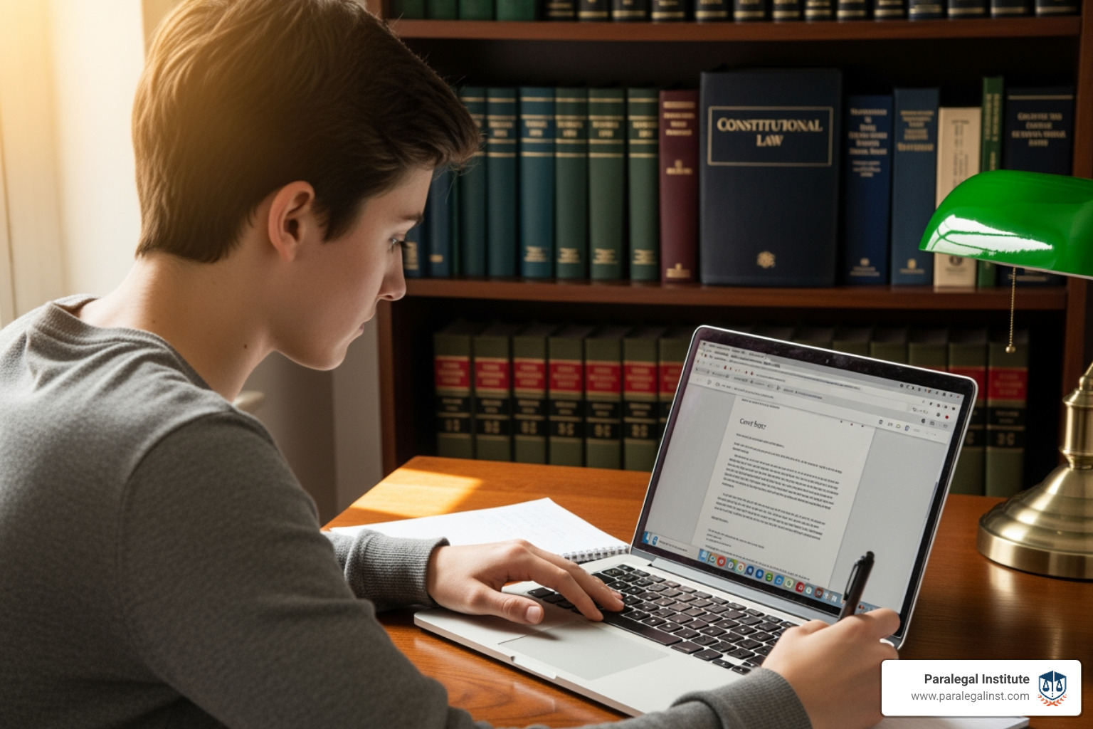 A student writing a cover letter on a laptop with law books in the background. - legal intern