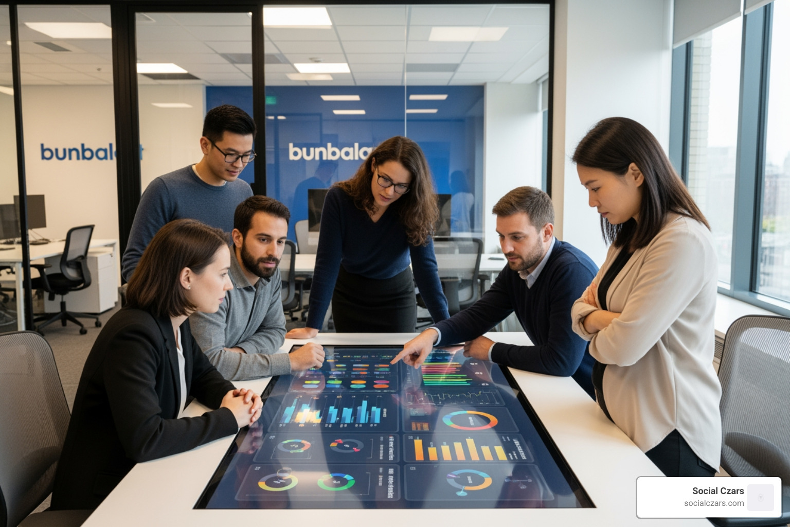 team collaborating around a dashboard showing brand sentiment analysis - reputation management agency team collaborating around a dashboard showing brand sentiment analysis - reputation management agency