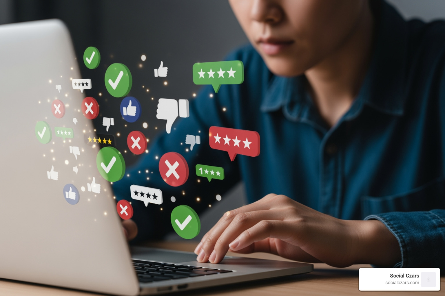person looking at positive and negative icons floating around a laptop screen; Online Reputation Management (ORM); Brand Perception; Digital Footprint; Consumer Trust; 85% trust online reviews - reputation management agency person looking at positive and negative icons floating around a laptop screen; Online Reputation Management (ORM); Brand Perception; Digital Footprint; Consumer Trust; 85% trust online reviews - reputation management agency