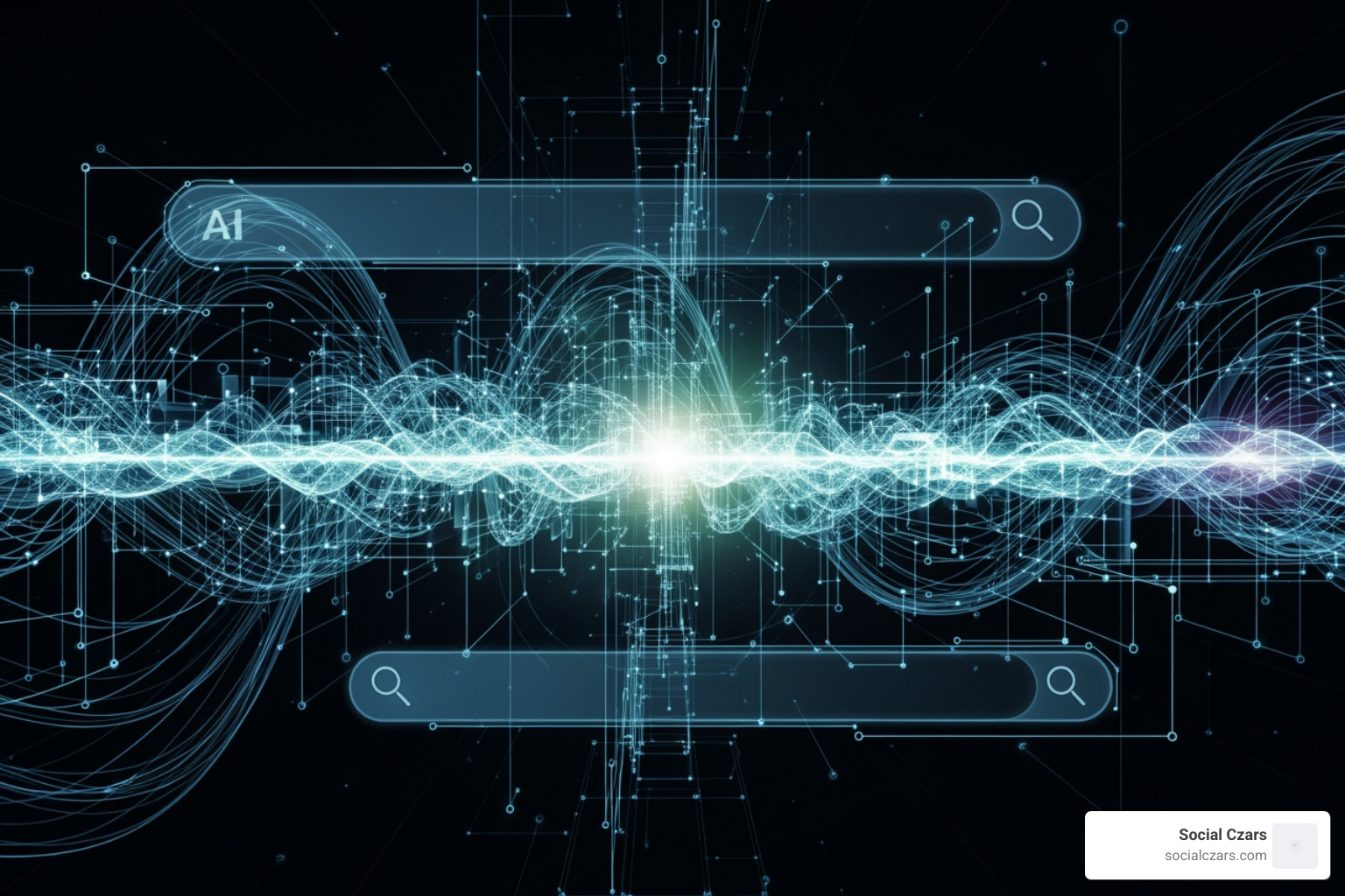 Abstract graphic representing AI and data flows, with search bar elements - Digital reputation firm