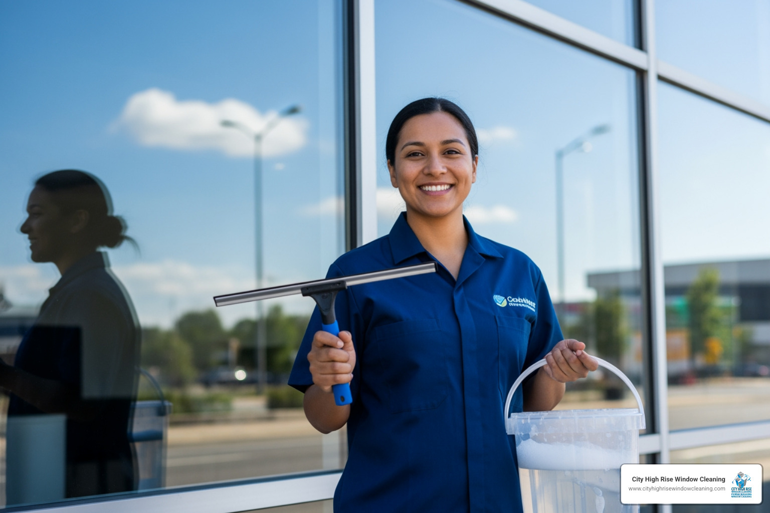 a uniformed window cleaner smiling with professional equipment - long island window cleaning services a uniformed window cleaner smiling with professional equipment - long island window cleaning services