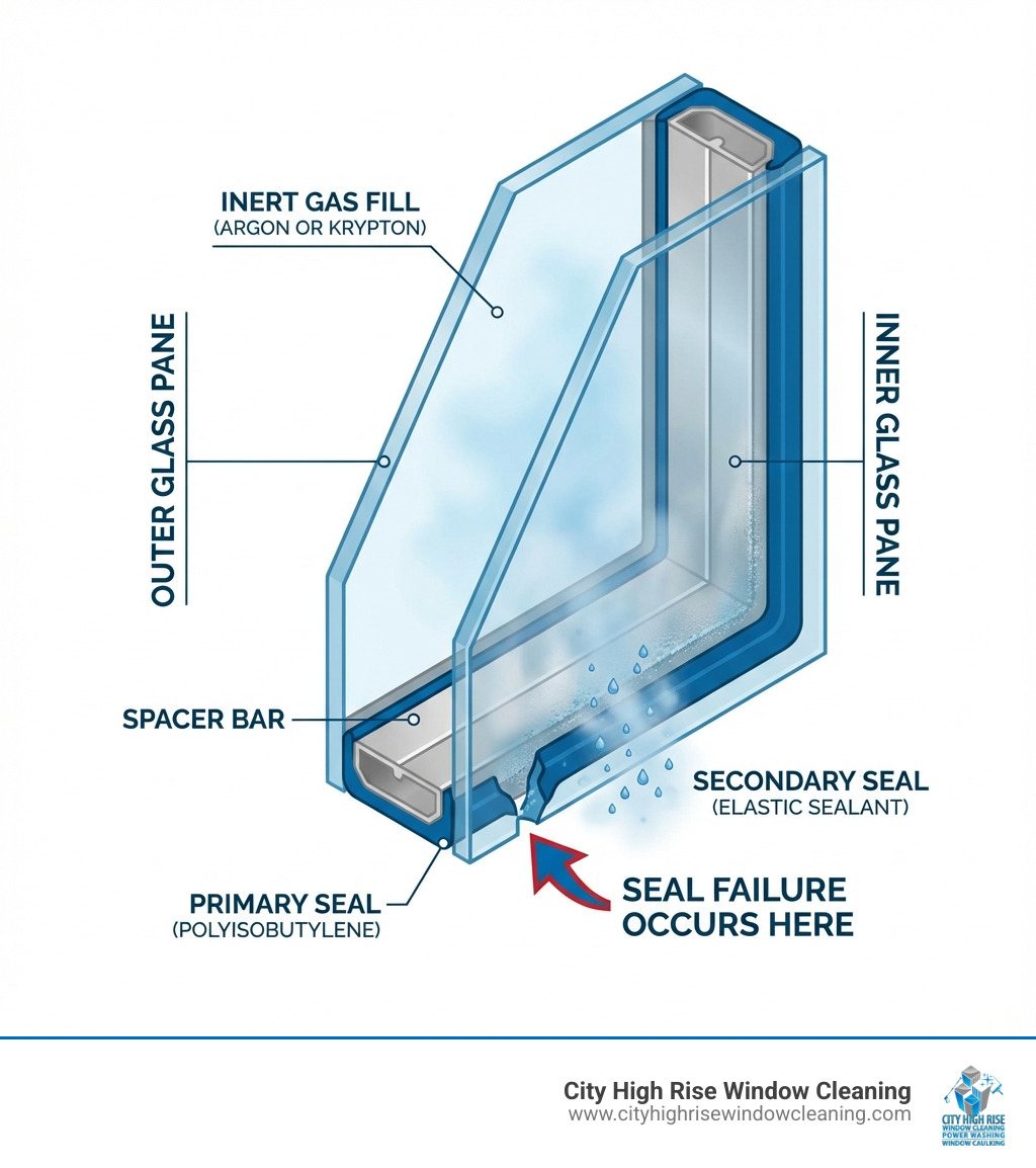 infographic showing the anatomy of a double-pane window with labeled parts: outer glass pane, spacer bar, primary seal (polyisobutylene), secondary seal (elastic sealant), inert gas fill (argon or krypton), inner glass pane, and annotations showing where seal failure occurs and how moisture enters - Window seal replacement infographic infographic showing the anatomy of a double-pane window with labeled parts: outer glass pane, spacer bar, primary seal (polyisobutylene), secondary seal (elastic sealant), inert gas fill (argon or krypton), inner glass pane, and annotations showing where seal failure occurs and how moisture enters - Window seal replacement infographic