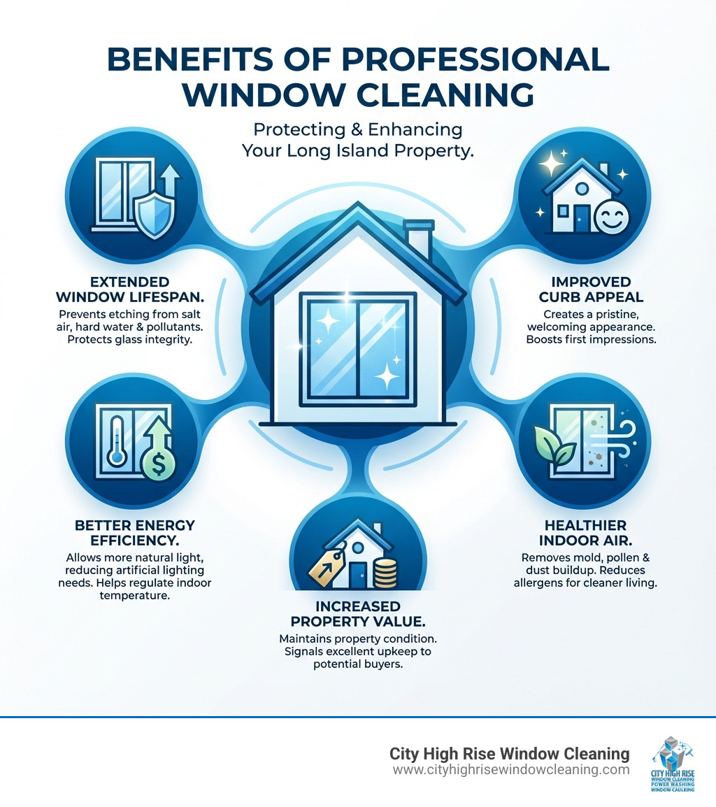 infographic showing benefits of professional window cleaning: extended window lifespan, improved curb appeal, better energy efficiency, healthier indoor air, increased property value - long island window cleaning services infographic infographic showing benefits of professional window cleaning: extended window lifespan, improved curb appeal, better energy efficiency, healthier indoor air, increased property value - long island window cleaning services infographic