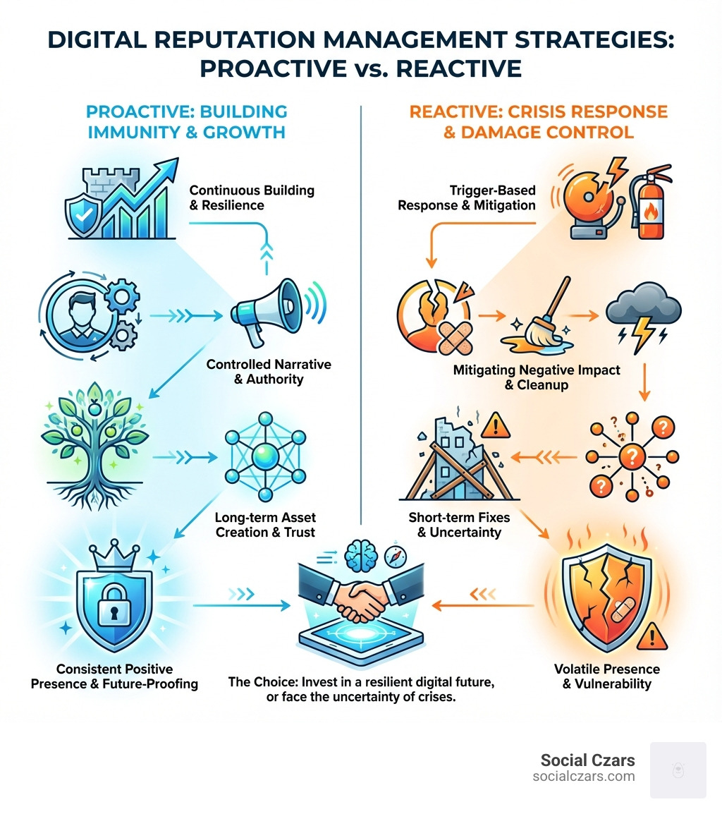 Infographic comparing proactive vs reactive reputation management strategies - Digital reputation firm infographic 