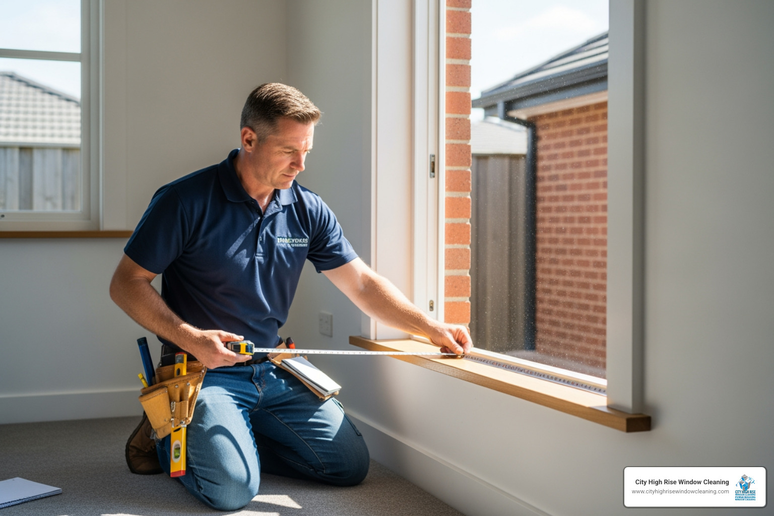 A professional window installer carefully measuring a window opening for a new replacement window, holding a tape measure against the frame - Window seal replacement A professional window installer carefully measuring a window opening for a new replacement window, holding a tape measure against the frame - Window seal replacement
