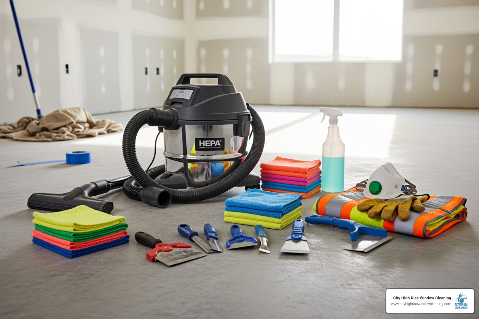 Image of a post-construction cleaning toolkit including a HEPA vacuum, microfiber cloths, scrapers, and PPE. - deep cleaning post construction Image of a post-construction cleaning toolkit including a HEPA vacuum, microfiber cloths, scrapers, and PPE. - deep cleaning post construction
