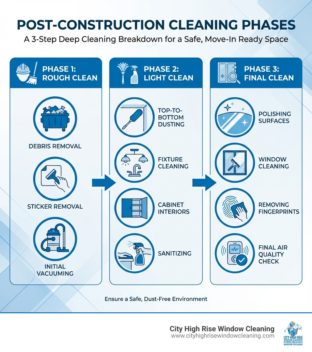 Infographic showing the three phases of post-construction cleaning with detailed breakdown: Phase 1 Rough Clean includes debris removal, sticker removal, and initial vacuuming; Phase 2 Light Clean includes top-to-bottom dusting, fixture cleaning, cabinet interiors, and sanitizing; Phase 3 Final Clean includes polishing surfaces, window cleaning, removing fingerprints, and final air quality check - deep cleaning post construction infographic Infographic showing the three phases of post-construction cleaning with detailed breakdown: Phase 1 Rough Clean includes debris removal, sticker removal, and initial vacuuming; Phase 2 Light Clean includes top-to-bottom dusting, fixture cleaning, cabinet interiors, and sanitizing; Phase 3 Final Clean includes polishing surfaces, window cleaning, removing fingerprints, and final air quality check - deep cleaning post construction infographic