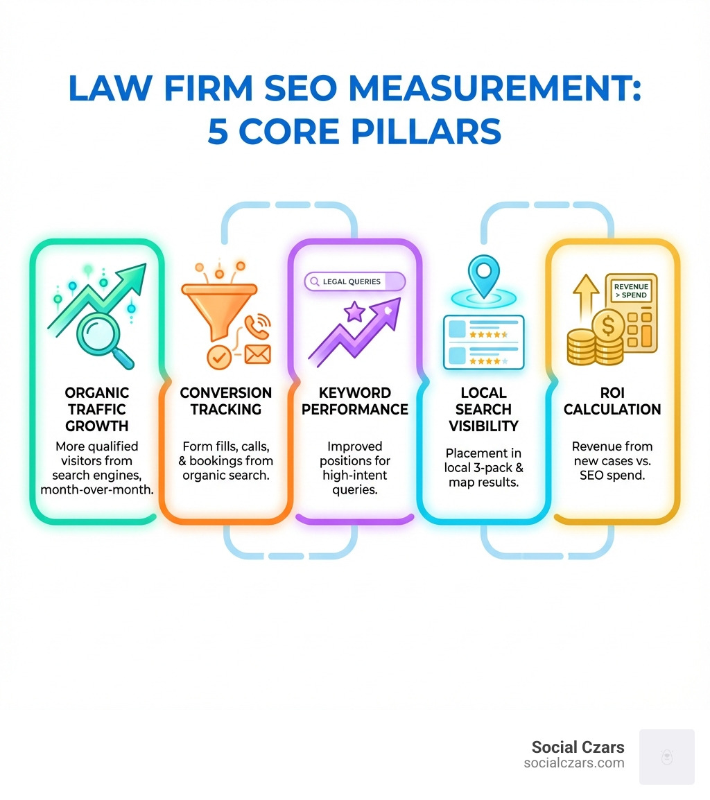 infographic showing the 5 core pillars of law firm SEO measurement: organic traffic growth, conversion tracking, keyword performance, local search visibility, and ROI calculation - how to tell if seo is working for law firm infographic 