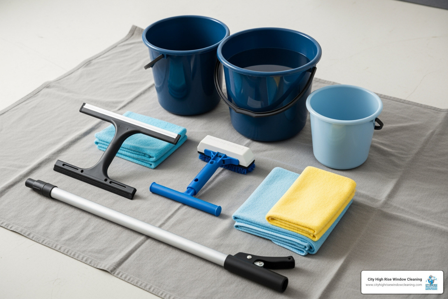 Essential window washing tools neatly arranged on a drop cloth, including a squeegee, scrubber, two buckets, microfiber cloths, and an extension pole - exterior window washing Essential window washing tools neatly arranged on a drop cloth, including a squeegee, scrubber, two buckets, microfiber cloths, and an extension pole - exterior window washing