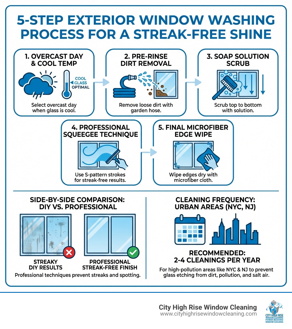 Comprehensive infographic showing the 5-step exterior window washing process with icons: 1) Overcast day selection with temperature gauge, 2) Pre-rinse with garden hose removing loose dirt, 3) Scrubbing application with soap solution working top to bottom, 4) Professional squeegee technique using S-pattern strokes, and 5) Final edge wiping with microfiber cloth. Includes a side-by-side comparison showing streaky DIY results versus professional streak-free finish, plus a frequency chart recommending 2-4 cleanings per year for urban areas like NYC and New Jersey - exterior window washing infographic Comprehensive infographic showing the 5-step exterior window washing process with icons: 1) Overcast day selection with temperature gauge, 2) Pre-rinse with garden hose removing loose dirt, 3) Scrubbing application with soap solution working top to bottom, 4) Professional squeegee technique using S-pattern strokes, and 5) Final edge wiping with microfiber cloth. Includes a side-by-side comparison showing streaky DIY results versus professional streak-free finish, plus a frequency chart recommending 2-4 cleanings per year for urban areas like NYC and New Jersey - exterior window washing infographic
