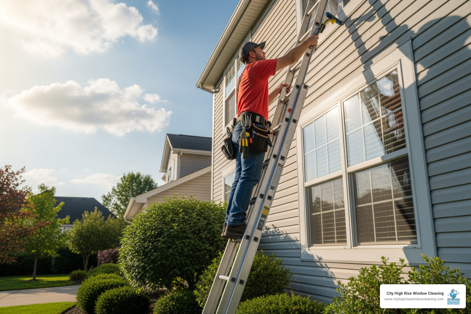 Illustration of proper ladder safety with three points of contact, showing a person on a ladder reaching a window with secure footing and proper posture - exterior window washing Illustration of proper ladder safety with three points of contact, showing a person on a ladder reaching a window with secure footing and proper posture - exterior window washing