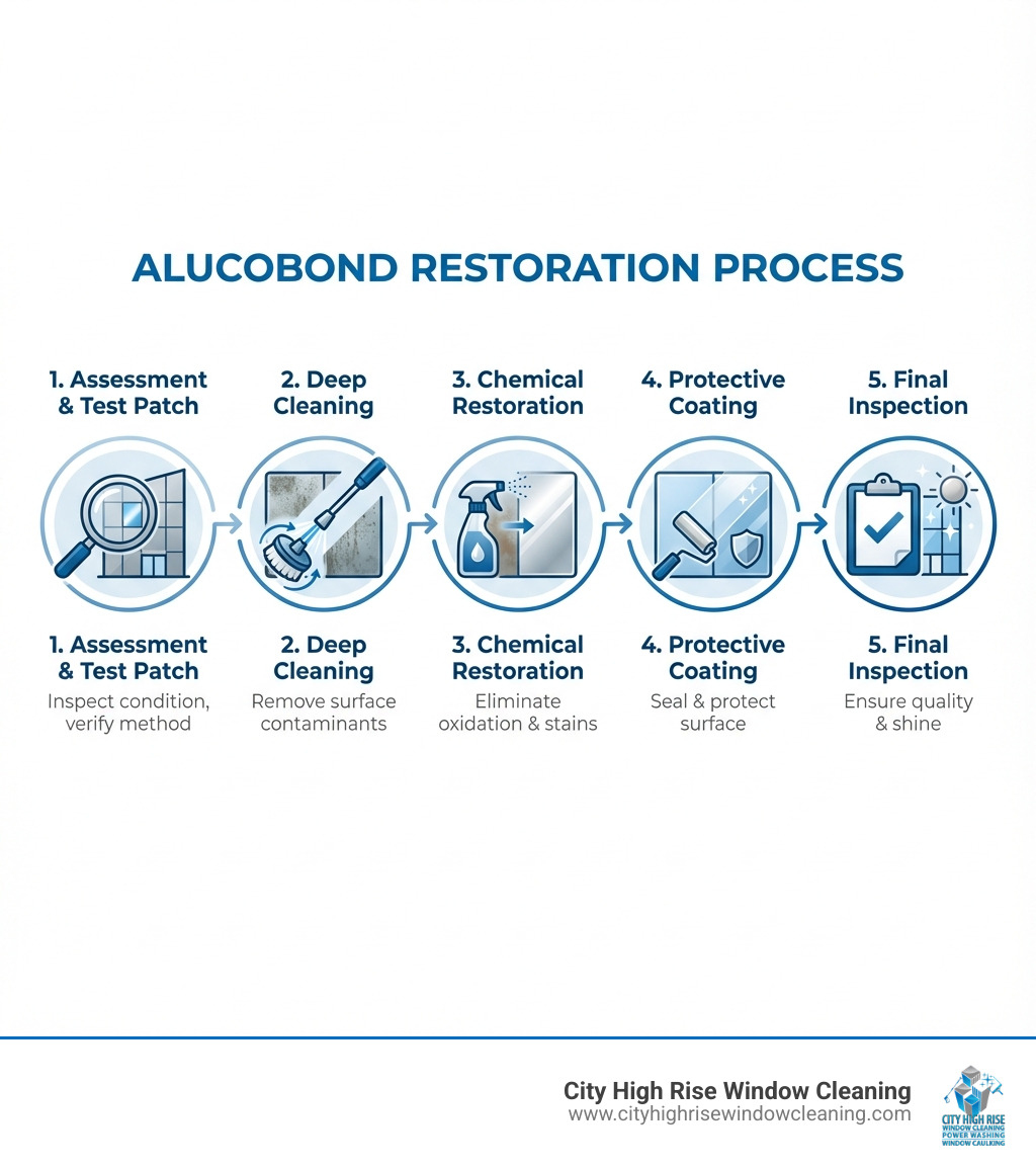 Infographic showing the Alucobond restoration process: 1. Facade assessment and test patch application, 2. Deep cleaning to remove contaminants, 3. Application of specialized restoration chemicals to remove oxidation and stains, 4. Protective clear coating applied to seal and protect the surface, 5. Final inspection and quality check - alucobond restoration infographic Infographic showing the Alucobond restoration process: 1. Facade assessment and test patch application, 2. Deep cleaning to remove contaminants, 3. Application of specialized restoration chemicals to remove oxidation and stains, 4. Protective clear coating applied to seal and protect the surface, 5. Final inspection and quality check - alucobond restoration infographic