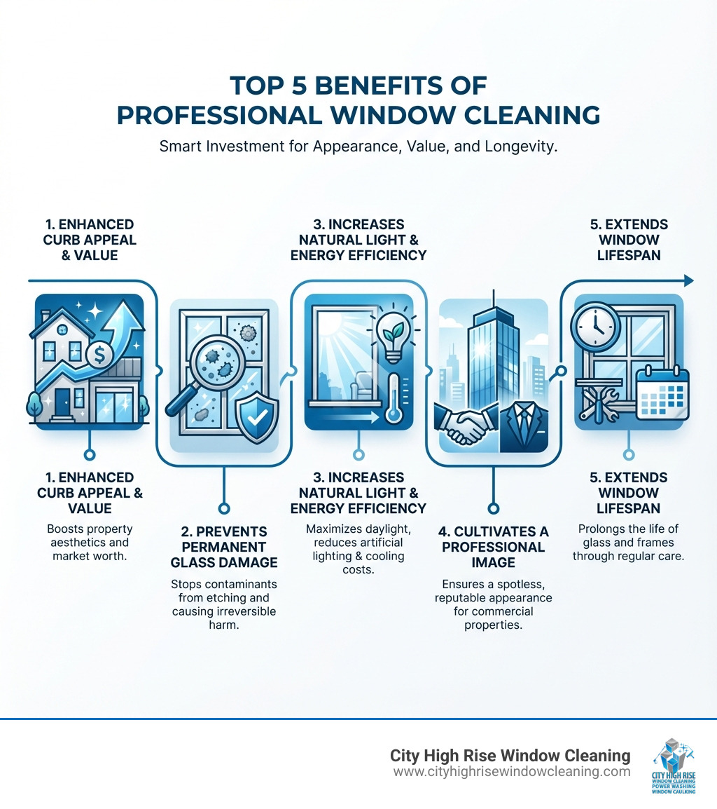 Infographic showing the top 5 benefits of professional window cleaning: Enhanced curb appeal and property value, Prevention of permanent glass damage from contaminants, Increased natural light and energy efficiency, Professional image for commercial properties, and Extended window lifespan through regular maintenance - Window cleaning services NJ infographic Infographic showing the top 5 benefits of professional window cleaning: Enhanced curb appeal and property value, Prevention of permanent glass damage from contaminants, Increased natural light and energy efficiency, Professional image for commercial properties, and Extended window lifespan through regular maintenance - Window cleaning services NJ infographic
