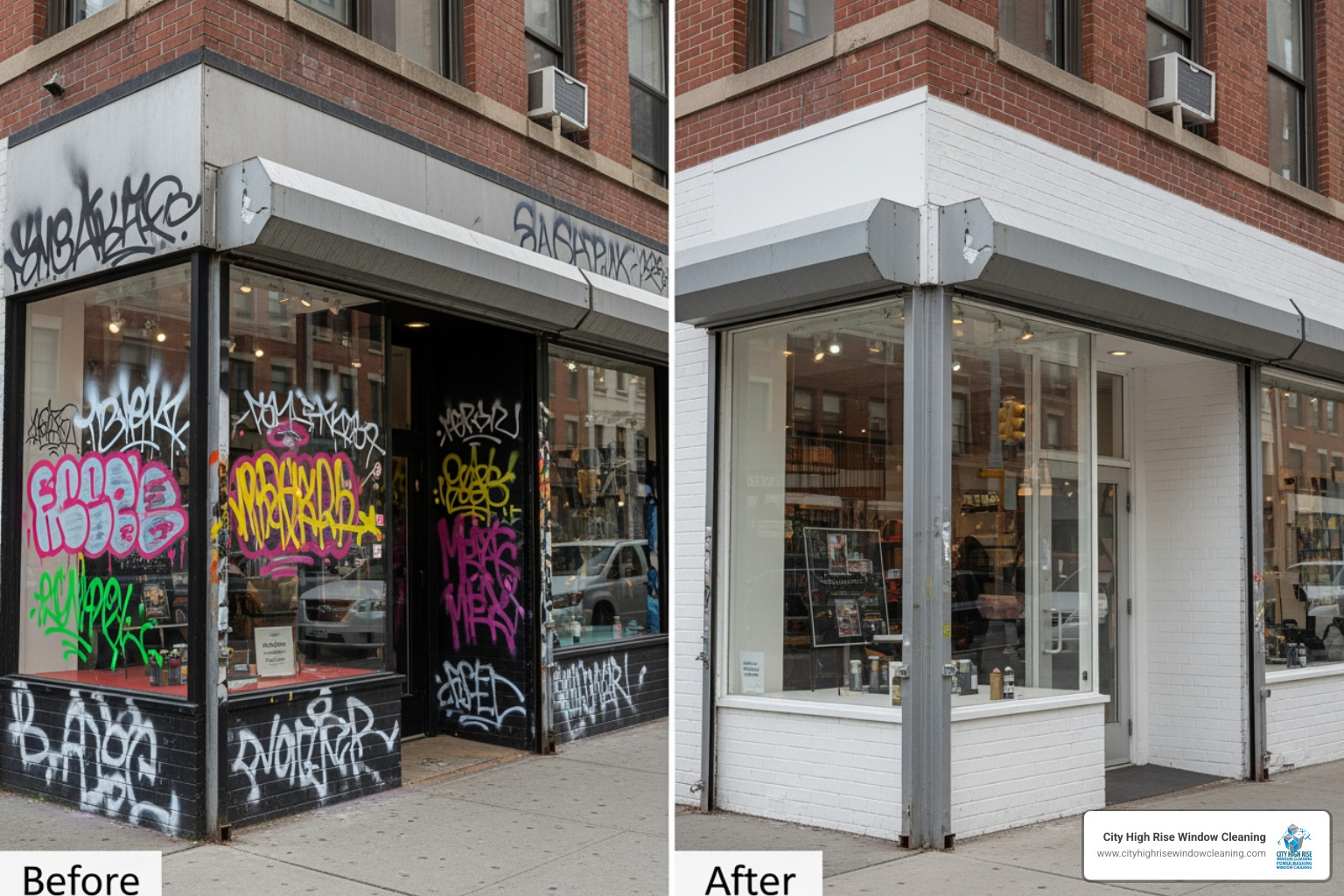 Before-and-after of a professionally cleaned NYC storefront - Graffiti removal NYC Before-and-after of a professionally cleaned NYC storefront - Graffiti removal NYC