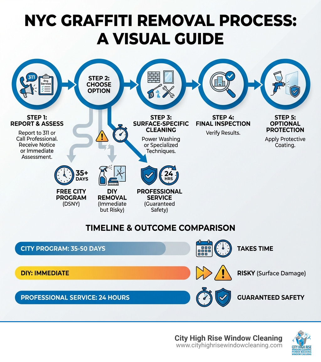 Infographic showing the complete graffiti removal process in NYC: Step 1 - Report to 311 or call professional service, Step 2 - Receive Notice of Intent or immediate assessment, Step 3 - Choose free city removal (35+ days), DIY (immediate but risky), or professional service (24 hours), Step 4 - Surface-specific cleaning using power washing or specialized techniques, Step 5 - Final inspection and optional protective coating. Timeline comparison shows City Program takes 35-50 days, DIY is immediate but may cause damage, Professional service delivers results in 24 hours with guaranteed safety. - Graffiti removal NYC infographic Infographic showing the complete graffiti removal process in NYC: Step 1 - Report to 311 or call professional service, Step 2 - Receive Notice of Intent or immediate assessment, Step 3 - Choose free city removal (35+ days), DIY (immediate but risky), or professional service (24 hours), Step 4 - Surface-specific cleaning using power washing or specialized techniques, Step 5 - Final inspection and optional protective coating. Timeline comparison shows City Program takes 35-50 days, DIY is immediate but may cause damage, Professional service delivers results in 24 hours with guaranteed safety. - Graffiti removal NYC infographic