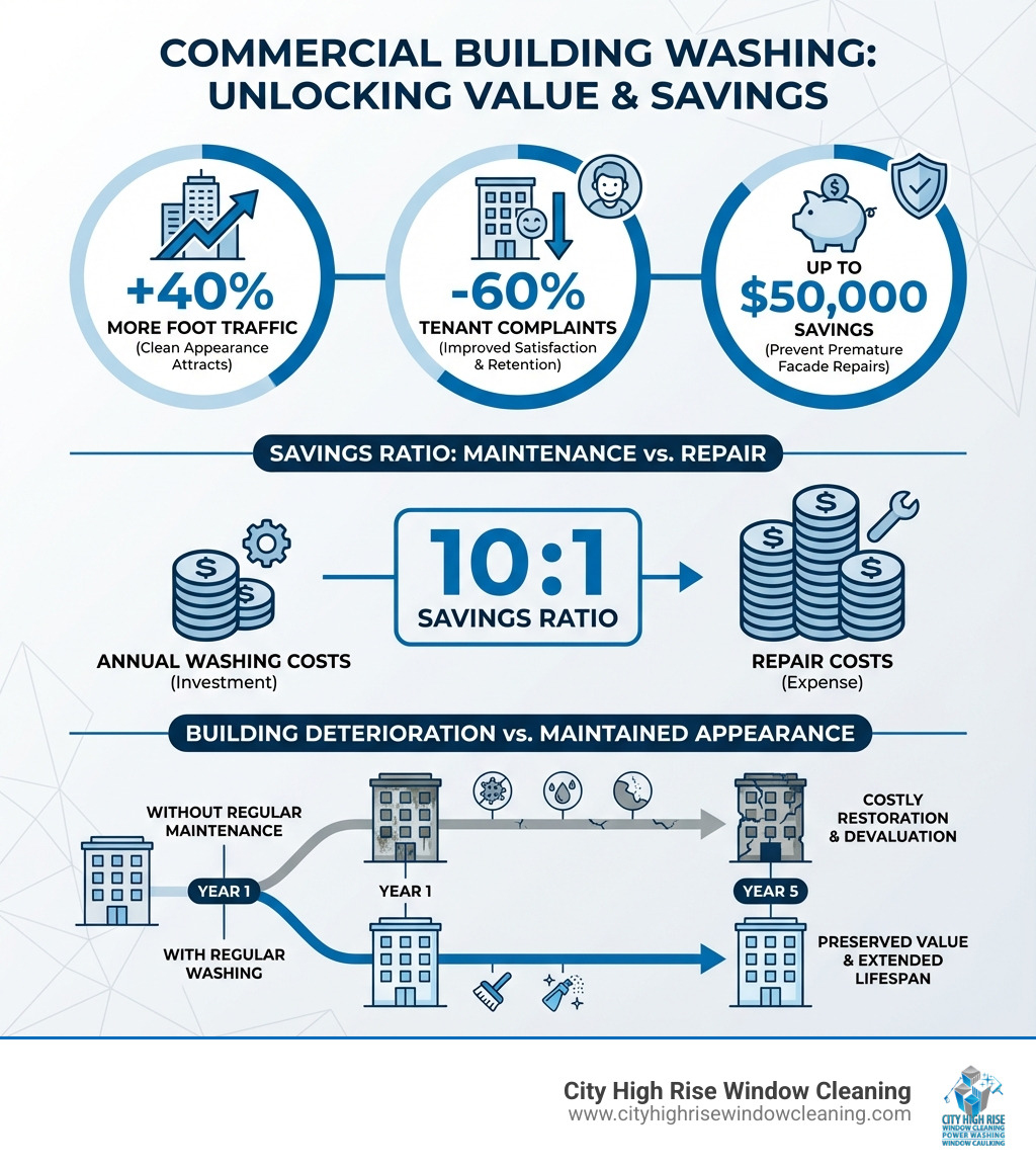 Infographic showing the business impact of commercial building washing: clean buildings attract 40% more foot traffic, reduce tenant complaints by 60%, and prevent up to $50,000 in premature facade repairs. Comparison of annual washing costs versus repair costs shows 10:1 savings ratio. Visual timeline showing building deterioration without maintenance versus maintained appearance with regular washing - Commercial building washing infographic Infographic showing the business impact of commercial building washing: clean buildings attract 40% more foot traffic, reduce tenant complaints by 60%, and prevent up to $50,000 in premature facade repairs. Comparison of annual washing costs versus repair costs shows 10:1 savings ratio. Visual timeline showing building deterioration without maintenance versus maintained appearance with regular washing - Commercial building washing infographic