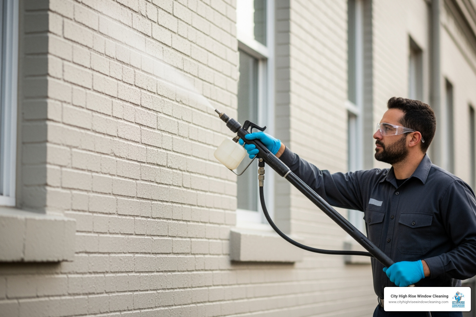 technician safely using a soft wash system on a delicate building facade - Commercial building washing technician safely using a soft wash system on a delicate building facade - Commercial building washing