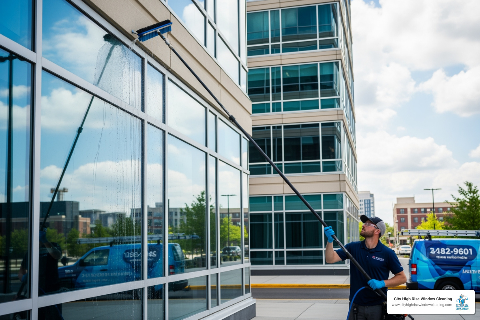 A window cleaning technician using a water-fed pole system on a commercial building in New Jersey - Window cleaning services NJ A window cleaning technician using a water-fed pole system on a commercial building in New Jersey - Window cleaning services NJ