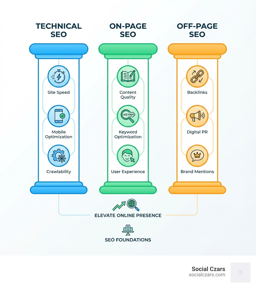 Infographic showing three pillars: Technical SEO (site speed, mobile optimization, crawlability), On-Page SEO (content quality, keyword optimization, user experience), and Off-Page SEO (backlinks, digital PR, brand mentions) - London SEO consultant infographic 