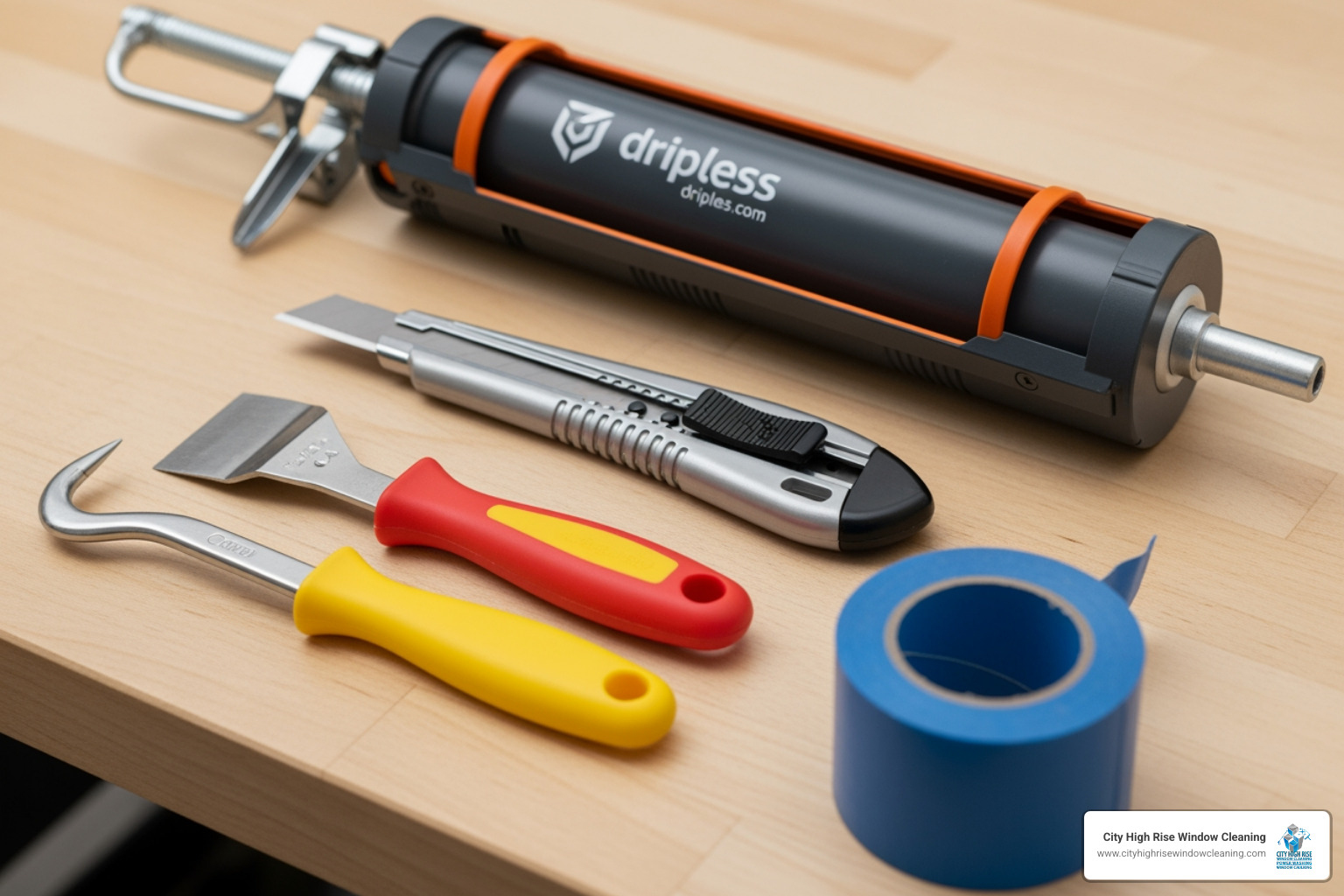 Image of tools needed for caulking: a dripless caulk gun, utility knife, caulk removal tool, and painter's tape - best caulk for sealing window glass Image of tools needed for caulking: a dripless caulk gun, utility knife, caulk removal tool, and painter's tape - best caulk for sealing window glass