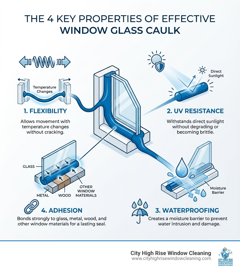 Infographic showing the 4 key properties of effective window glass caulk: 1. Flexibility - allows movement with temperature changes without cracking, 2. UV Resistance - withstands direct sunlight without degrading or becoming brittle, 3. Waterproofing - creates a moisture barrier to prevent water intrusion and damage, 4. Adhesion - bonds strongly to glass, metal, wood, and other window materials for a lasting seal - best caulk for sealing window glass infographic Infographic showing the 4 key properties of effective window glass caulk: 1. Flexibility - allows movement with temperature changes without cracking, 2. UV Resistance - withstands direct sunlight without degrading or becoming brittle, 3. Waterproofing - creates a moisture barrier to prevent water intrusion and damage, 4. Adhesion - bonds strongly to glass, metal, wood, and other window materials for a lasting seal - best caulk for sealing window glass infographic