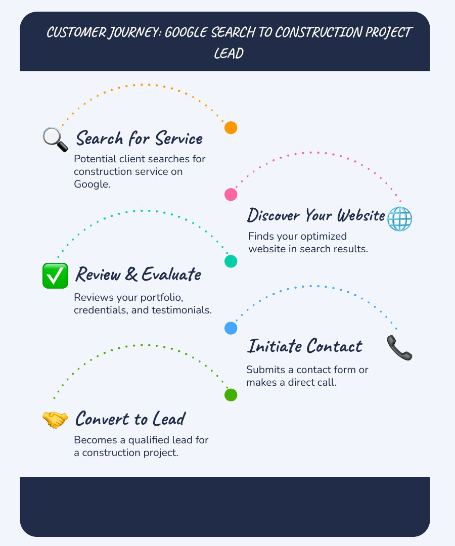 infographic showing the customer journey from Google search to construction project inquiry, including steps: potential client searches for construction service, finds your optimized website in results, reviews your portfolio and credentials, submits contact form or calls, and converts to qualified lead - seo construction industry infographic infographic-line-5-steps-blues-accent_colors