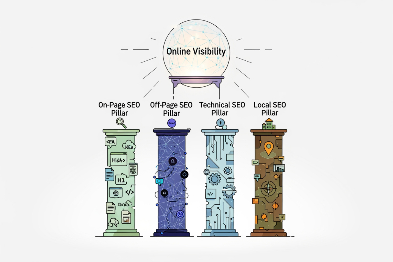 illustration of the four pillars of SEO - seo construction industry