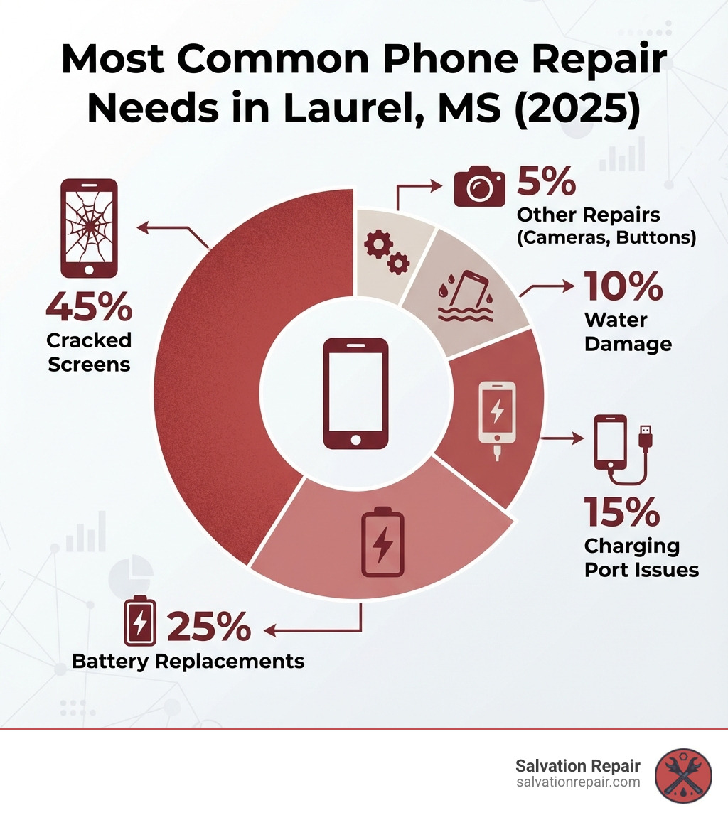 Infographic showing the most common phone repair needs in Laurel MS: cracked screens account for 45% of repairs, battery replacements 25%, charging port issues 15%, water damage 10%, and other repairs including cameras and buttons 5% - phone repair in laurel ms infographic 