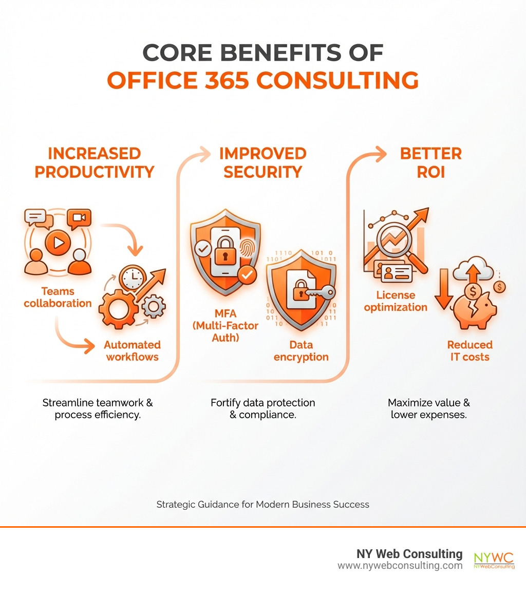 Infographic showing the core benefits of Office 365 consulting: Left section shows Increased Productivity with icons for Teams collaboration and automated workflows; Center section displays Improved Security with shields representing MFA and encryption; Right section illustrates Better ROI with graphs showing license optimization and reduced IT costs - office 365 consulting infographic Infographic showing the core benefits of Office 365 consulting: Left section shows Increased Productivity with icons for Teams collaboration and automated workflows; Center section displays Improved Security with shields representing MFA and encryption; Right section illustrates Better ROI with graphs showing license optimization and reduced IT costs - office 365 consulting infographic