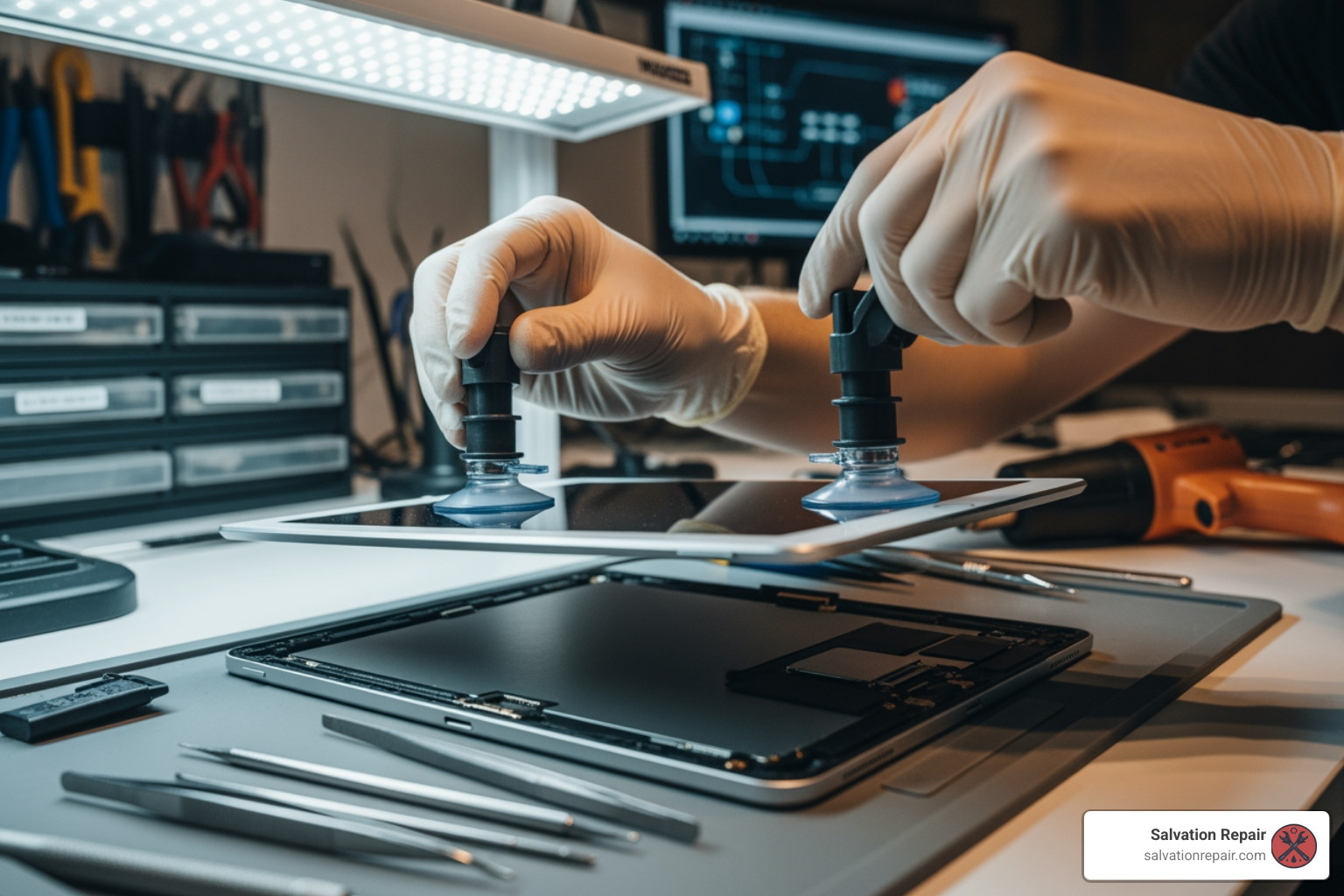 Salvation Repair technician carefully lifting an iPad screen with suction cups - how much does it cost to repair an ipad screen