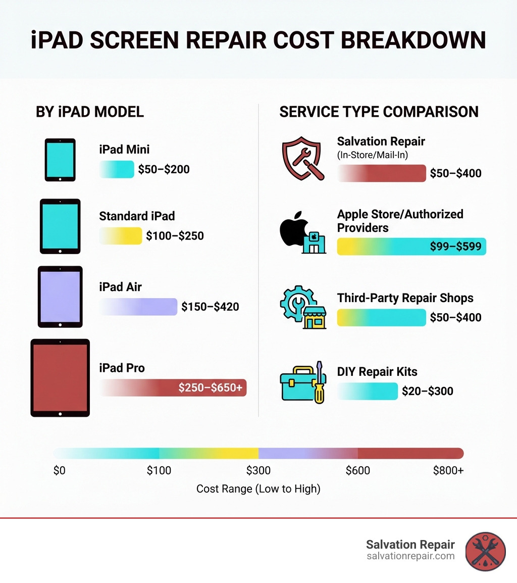 Infographic showing iPad screen repair cost breakdown: iPad Mini $50-$200, Standard iPad $100-$250, iPad Air $150-$420, iPad Pro $250-$650+, with service type comparison between Salvation Repair $50-$400, Apple Store $99-$599, Third-Party $50-$400, and DIY Kits $20-$300 - how much does it cost to repair an ipad screen infographic 