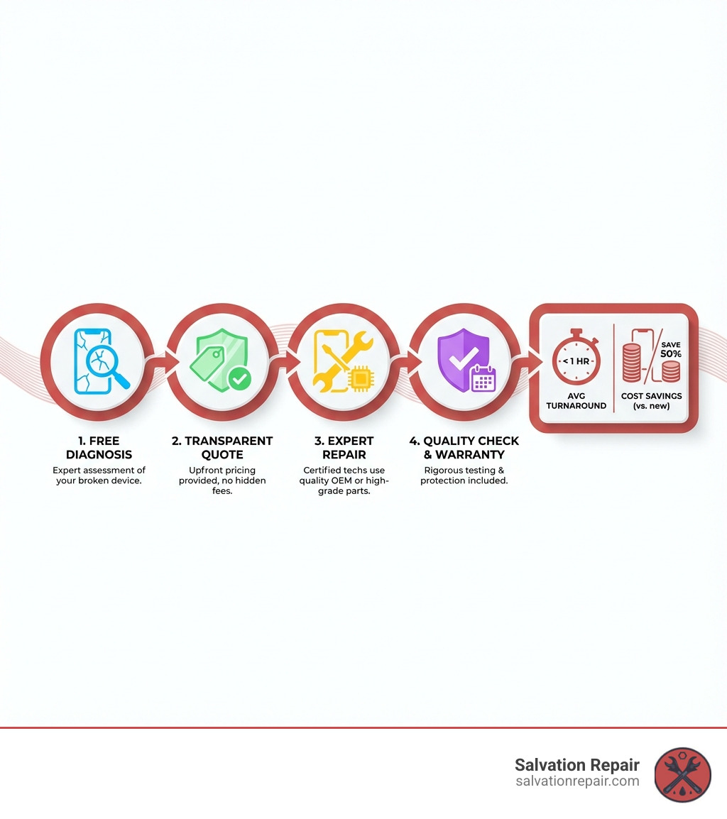 Infographic showing the repair process: 1. Free diagnosis of your broken iPhone 2. Transparent pricing quote provided upfront 3. Expert repair using quality OEM or high-grade parts 4. Quality check and warranty protection, with average turnaround time under 1 hour and cost savings of 50% vs buying new - Professional iPhone repair infographic 