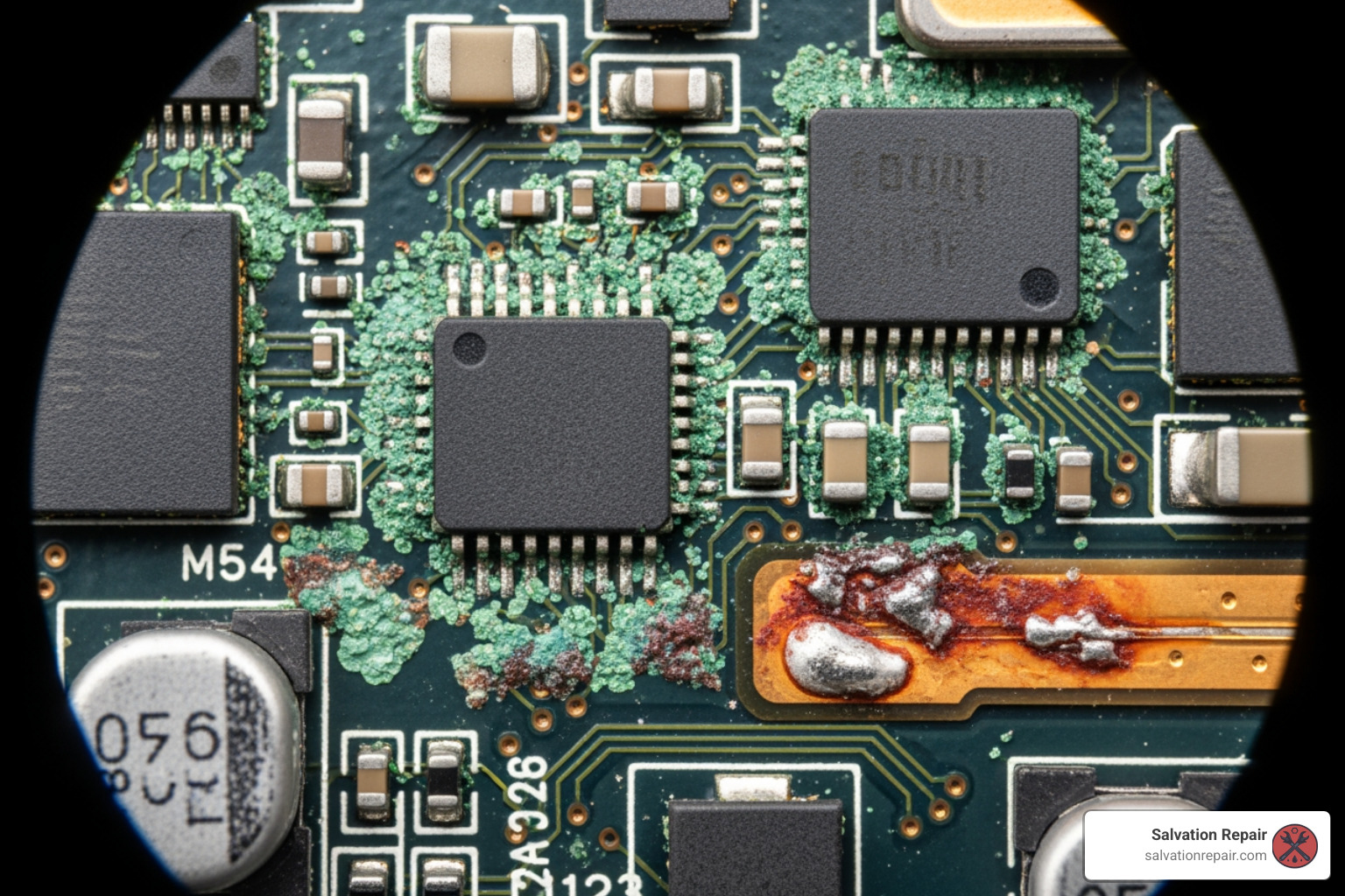 corroded MacBook logic board under a microscope - MacBook liquid damage repair