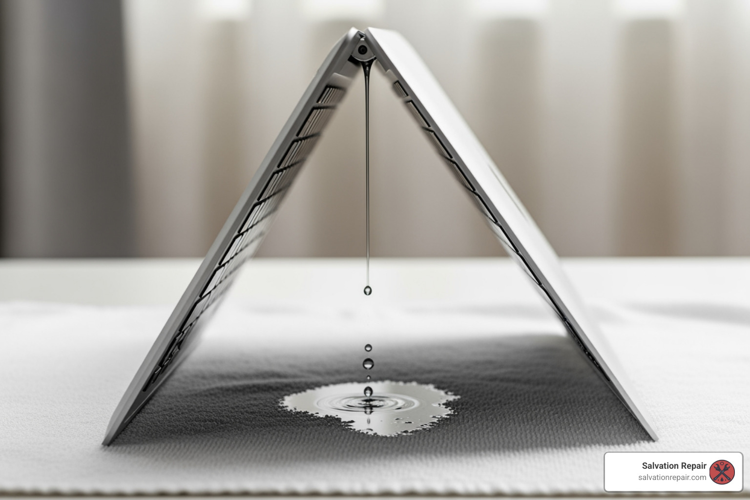 MacBook in an upside-down 'tent' position draining onto a towel - MacBook liquid damage repair