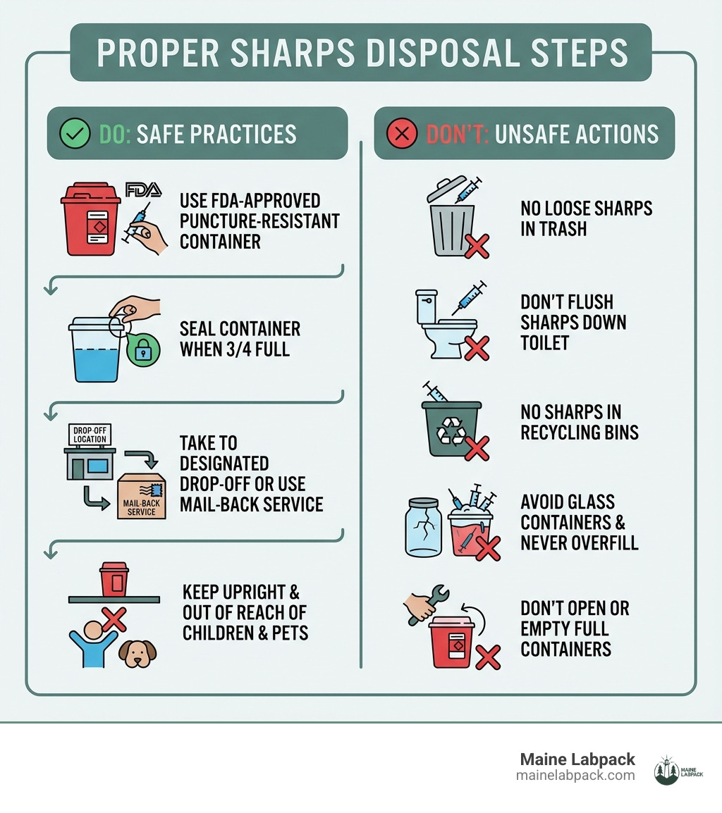 Infographic showing proper sharps disposal steps: Do use an FDA-approved puncture-resistant sharps container with secure lid; Do seal container when 3/4 full; Do take to designated drop-off location or use mail-back service; Do keep containers upright and out of reach of children and pets. Don't throw loose sharps in trash; Don't flush sharps down toilet; Don't put sharps in recycling bins; Don't use glass containers or overfill containers; Don't open or empty full containers. - sharps disposal infographic Infographic showing proper sharps disposal steps: Do use an FDA-approved puncture-resistant sharps container with secure lid; Do seal container when 3/4 full; Do take to designated drop-off location or use mail-back service; Do keep containers upright and out of reach of children and pets. Don't throw loose sharps in trash; Don't flush sharps down toilet; Don't put sharps in recycling bins; Don't use glass containers or overfill containers; Don't open or empty full containers. - sharps disposal infographic