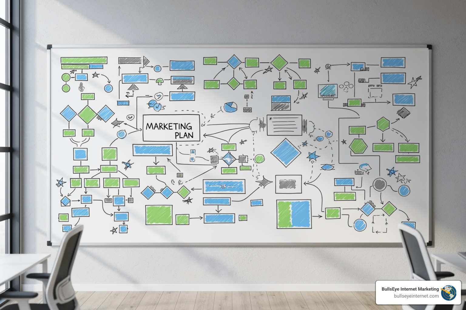 whiteboard with a marketing plan outline - Advertising for Startups Marketing plan diagram featuring flowcharts and strategies in blue, green, and black on a whiteboard, illustrating advertising concepts for startups by BullsEye Internet Marketing.
