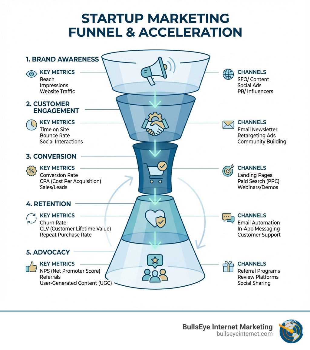 infographic showing the startup marketing funnel from initial brand awareness through customer engagement, conversion, retention, and advocacy, with key metrics and channels at each stage - Advertising for Startups infographic Startup marketing funnel illustration highlighting brand awareness, customer engagement, conversion, retention, and advocacy strategies with key metrics and channels for effective advertising.