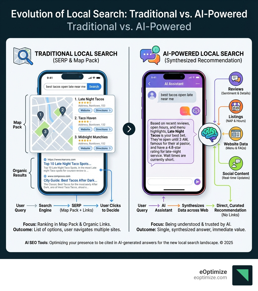 Infographic comparing traditional local search (showing a SERP with Map Pack and organic results) versus AI-powered local search (showing an AI assistant synthesizing business information from reviews, listings, and websites to provide a direct recommendation with no clickable links) - ai seo tools for localized search engine optimization infographic 