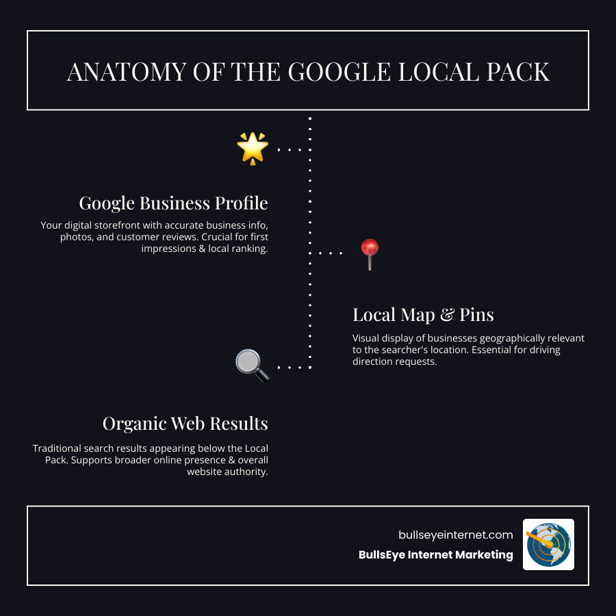 Infographic showing the anatomy of a Google Local Pack result, including Google Business Profile elements (business name, category, rating, hours, photos), the map with location pins, and organic search results below, with callouts explaining how each element impacts local visibility and customer action - Local SEO company Miami infographic infographic-line-3-steps-dark Infographic showing the anatomy of a Google Local Pack result, including Google Business Profile elements (business name, category, rating, hours, photos), the map with location pins, and organic search results below, with callouts explaining how each element impacts local visibility and customer action - Local SEO company Miami infographic infographic-line-3-steps-dark