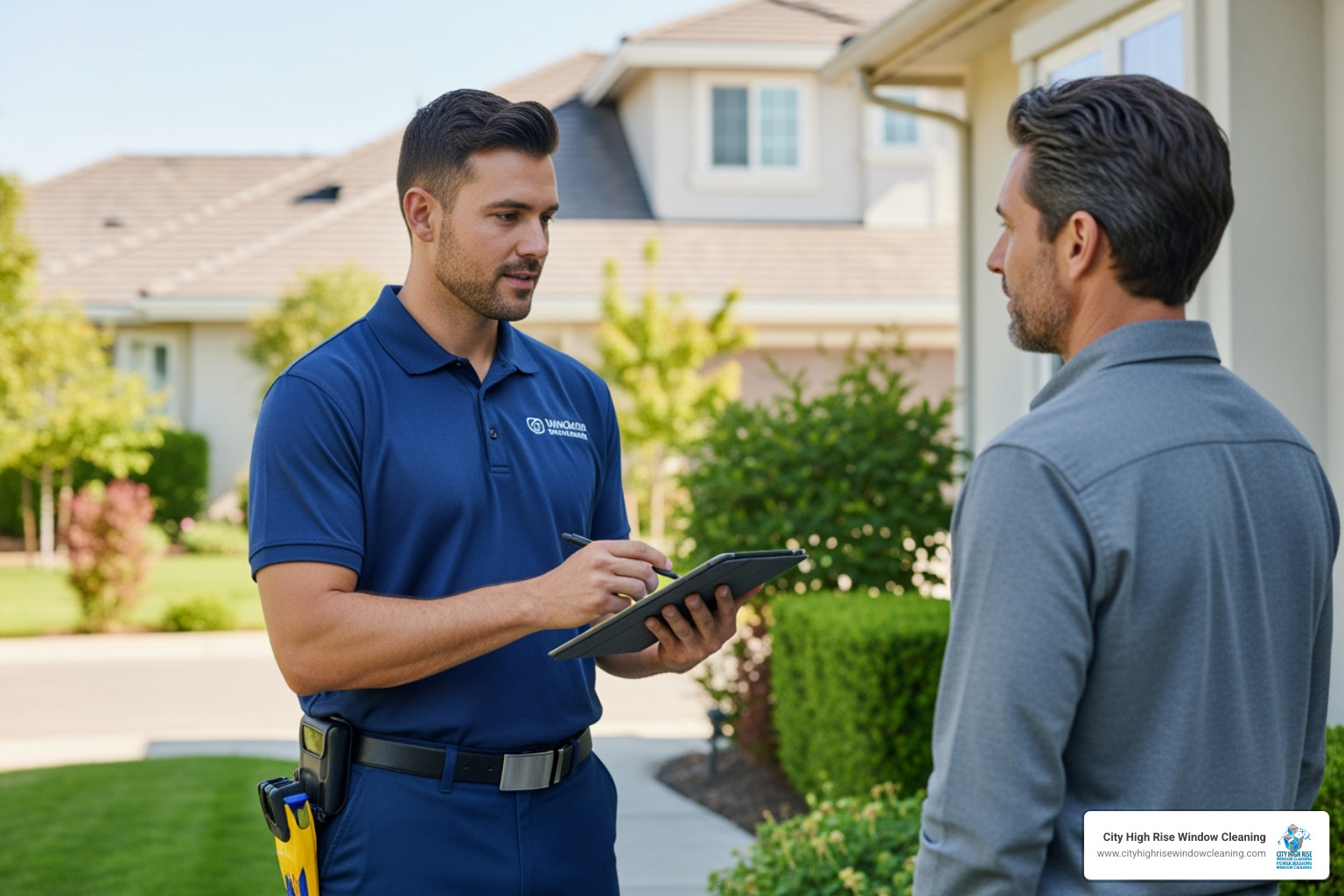 A professional window cleaner discussing pricing and providing a detailed quote to a residential client outside their home. - window cleaning in nyc A professional window cleaner discussing pricing and providing a detailed quote to a residential client outside their home. - window cleaning in nyc