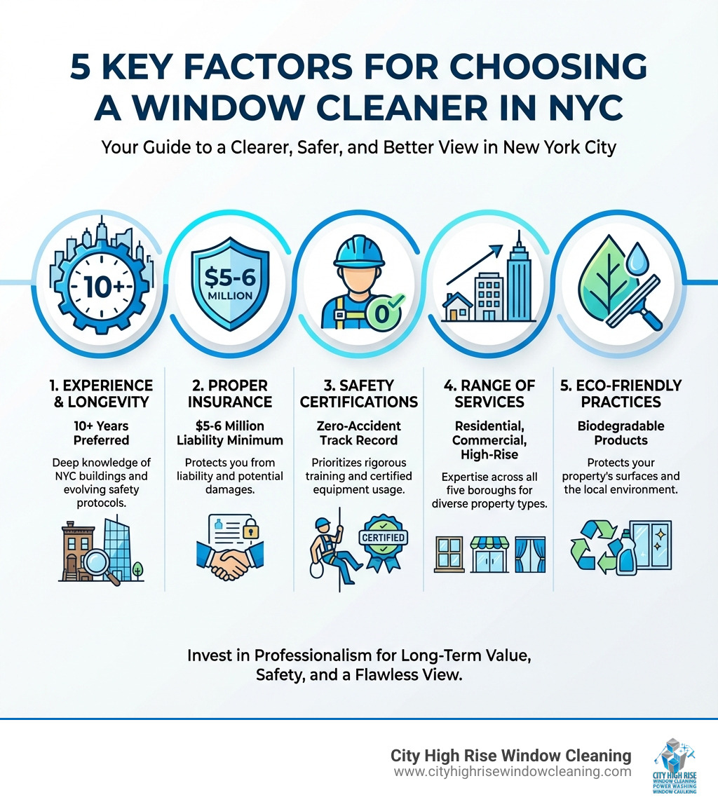 Infographic showing 5 key factors for choosing a window cleaner in NYC: 1. Experience and longevity in the market (10+ years preferred), 2. Proper insurance coverage ($5-6 million liability minimum), 3. Safety certifications and zero-accident track record, 4. Range of services offered (residential, commercial, high-rise), 5. Eco-friendly cleaning products and practices. Each factor includes a brief explanation of why it matters for NYC property owners. - window cleaning in nyc infographic Infographic showing 5 key factors for choosing a window cleaner in NYC: 1. Experience and longevity in the market (10+ years preferred), 2. Proper insurance coverage ($5-6 million liability minimum), 3. Safety certifications and zero-accident track record, 4. Range of services offered (residential, commercial, high-rise), 5. Eco-friendly cleaning products and practices. Each factor includes a brief explanation of why it matters for NYC property owners. - window cleaning in nyc infographic