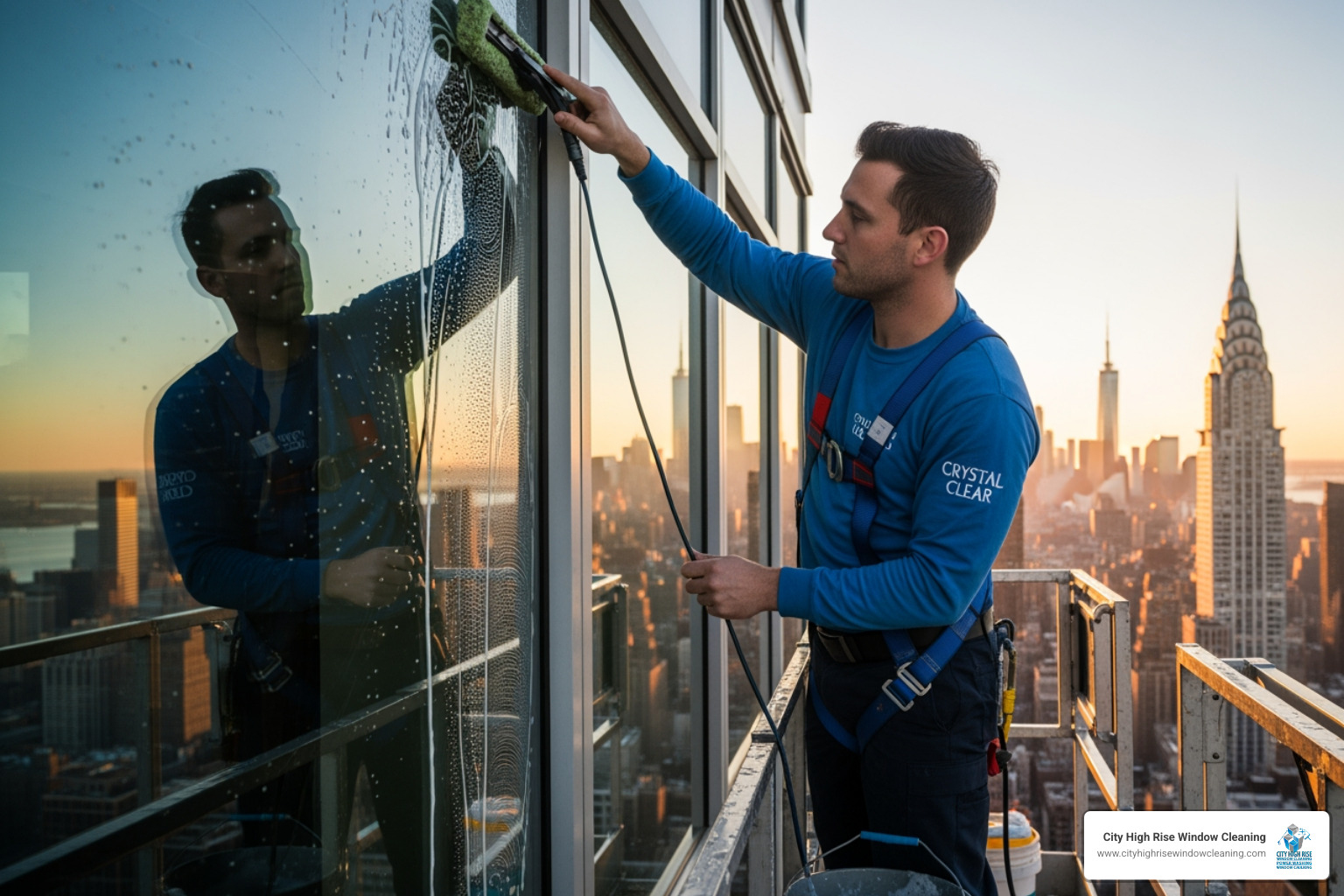A professional window cleaner using a squeegee to clean a large window on a residential building in Manhattan, with the city skyline in the background. - window cleaning in nyc A professional window cleaner using a squeegee to clean a large window on a residential building in Manhattan, with the city skyline in the background. - window cleaning in nyc