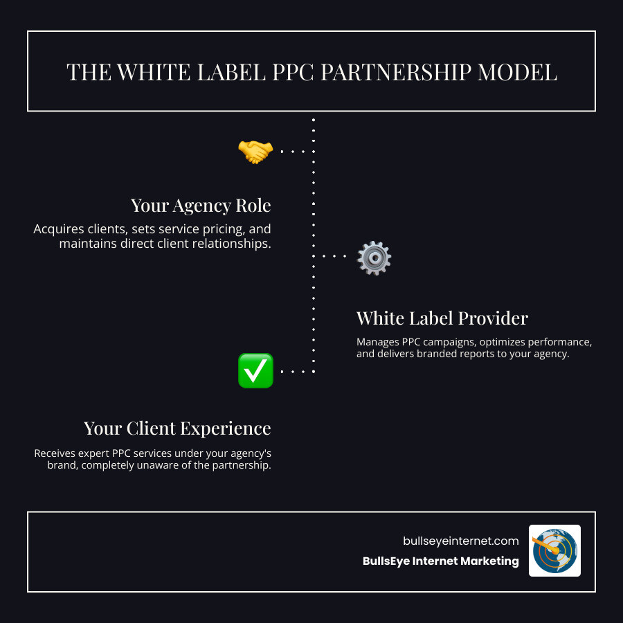 White label PPC partnership model infographic illustrating agency roles, white label provider responsibilities, and client experience, featuring branding elements from BullsEye Internet Marketing.